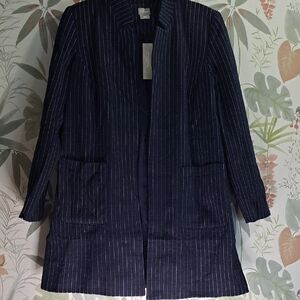 Chicos Navy Pinstripe Stitch Open-Front Boyfriend Blazer Coat